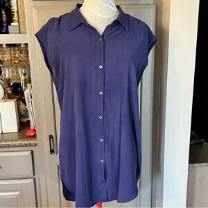 Eileen Fisher Blue Tunic Length Button Down Cap Sleeve Shirt